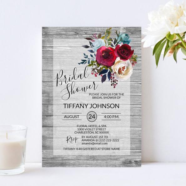 Watercolor Floral Burgundy Rustic Bridal Shower Invitations