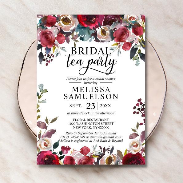 Watercolor Floral Burgundy Tea Party Bridal Shower Invitations