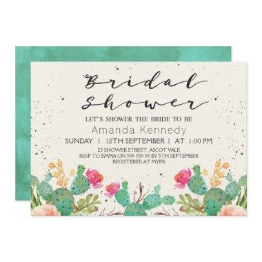 Watercolor Floral Cactus Bridal Shower Invitations