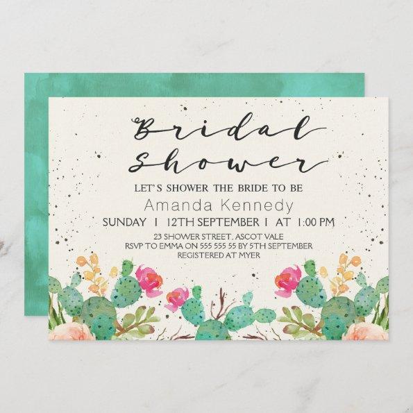 Watercolor Floral Cactus Bridal Shower Invitations