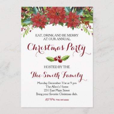 Watercolor Floral Christmas Party Invitations