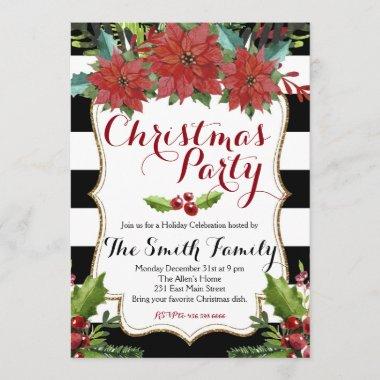 Watercolor Floral Christmas Party Invitations