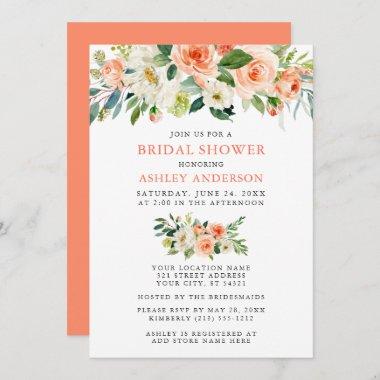 Watercolor Floral Coral Bridal Shower Invitations