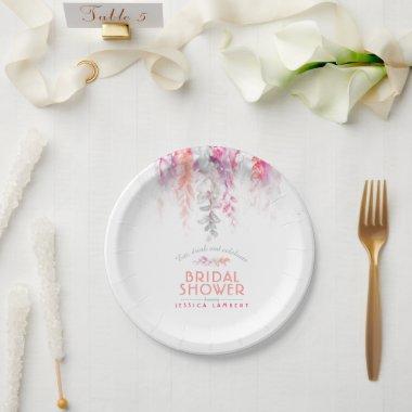 Watercolor floral coral pink green bridal shower paper plates