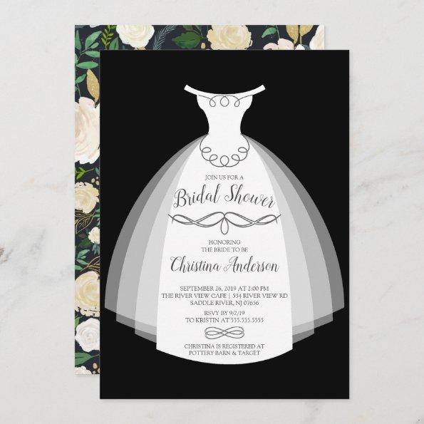 Watercolor Floral Elegant Bride Gown Bridal Shower Invitations