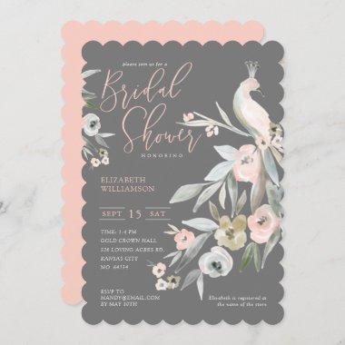 Watercolor Floral Garden Peacock Bridal Shower Invitations