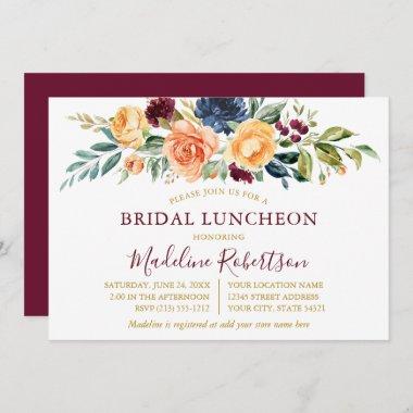 Watercolor Floral Gold Bridal Luncheon Burgundy Invitations