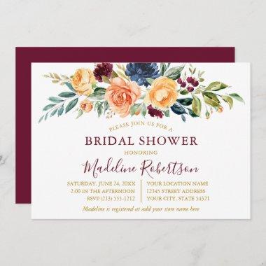 Watercolor Floral Gold Bridal Shower Burgundy Invitations