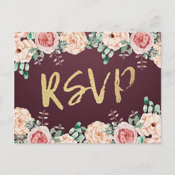 Watercolor Floral & Gold Script Wedding RSVP Reply Invitation PostInvitations