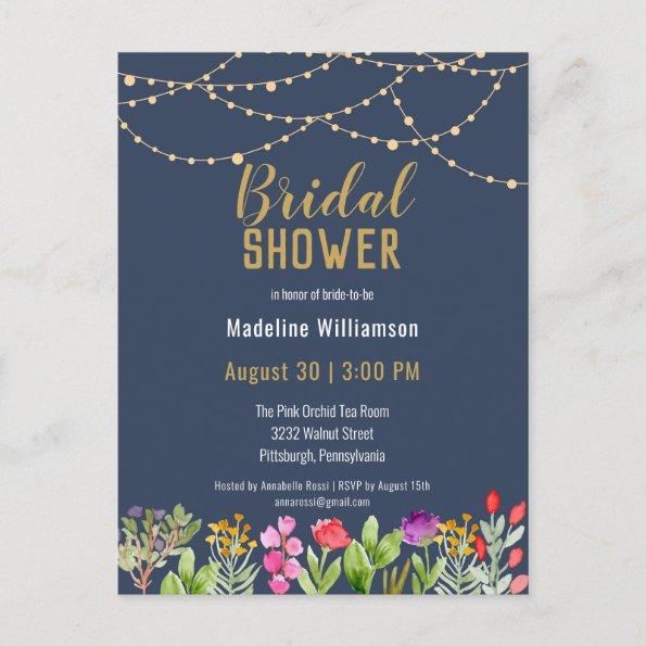 Watercolor Floral Gold String Lights Bridal Shower Invitation PostInvitations