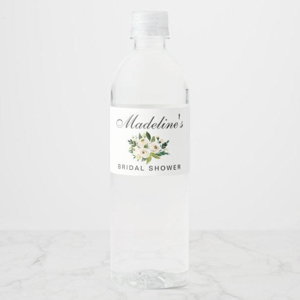 Watercolor Floral Green White Bridal Shower Water Bottle Label
