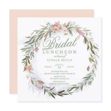 Watercolor Floral Greenery Wreath Bridal Luncheon Invitations