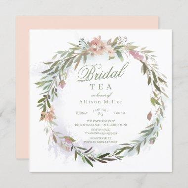Watercolor Floral Greenery Wreath Bridal Tea Invitations