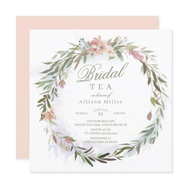 Watercolor Floral Greenery Wreath Bridal Tea Invitations