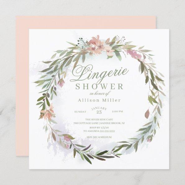 Watercolor Floral Greenery Wreath Lingerie Shower Invitations