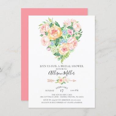 Watercolor Floral Heart Bridal Shower Invitations