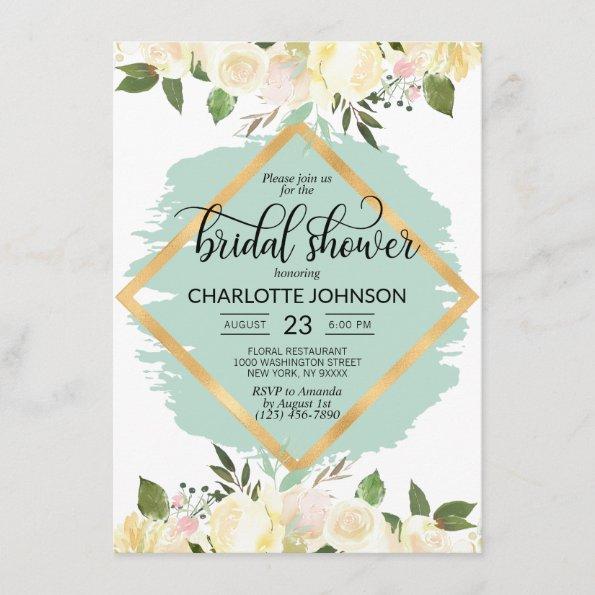 Watercolor Floral Ivory Mint Gold Bridal Shower Invitations