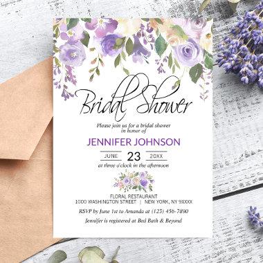 Watercolor Floral Lavender Purple Bridal Shower Invitations
