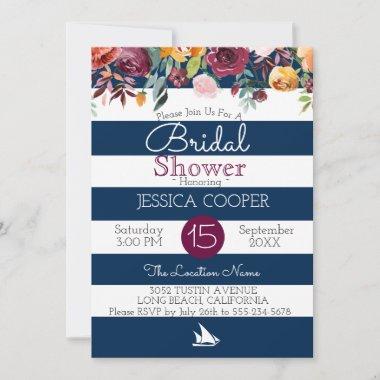 Watercolor Floral Nautical Stripe Bridal Shower Invitations