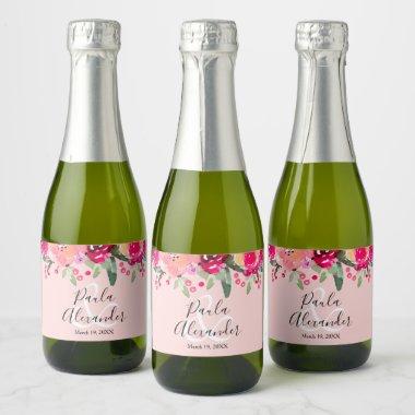 Watercolor Floral Personalized Wedding Pink Mini Sparkling Wine Label