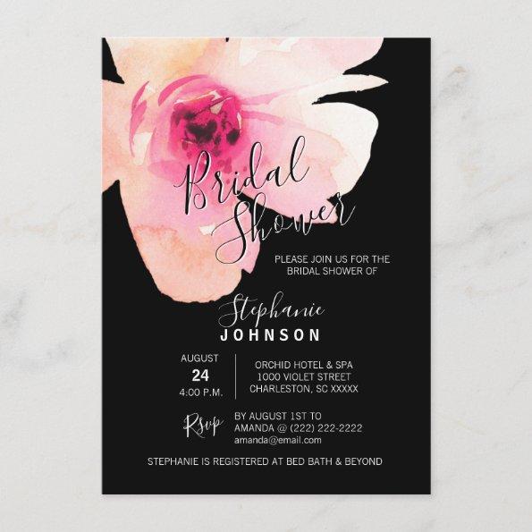 Watercolor Floral Pink Black Bridal Shower Invitations
