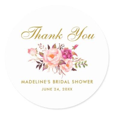 Watercolor Floral Pink Blush Gold Bridal Shower Classic Round Sticker
