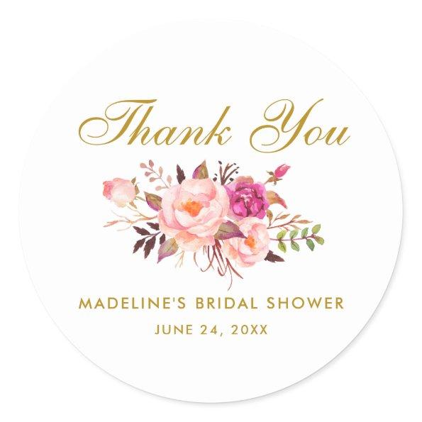 Watercolor Floral Pink Blush Gold Bridal Shower Classic Round Sticker