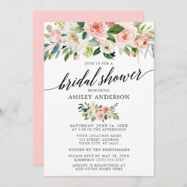 Watercolor Floral Pink Bridal Shower Calligraphy Invitations