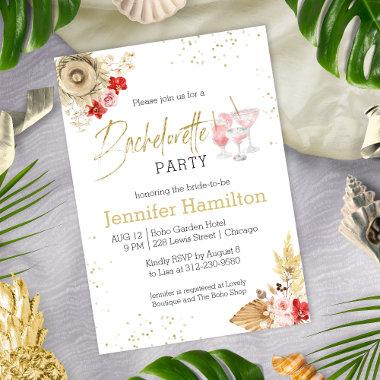 Watercolor Floral Pink Cocktail Bachelorette Party Invitations