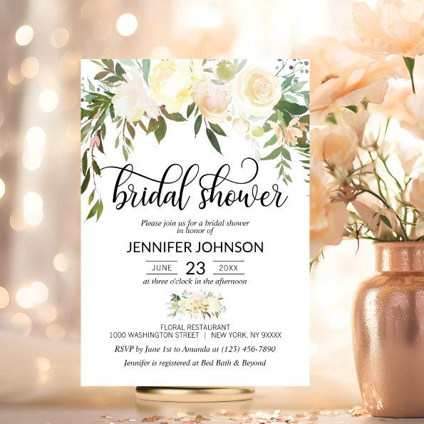 Watercolor Floral Pink Cream Ivory Bridal Shower Invitations