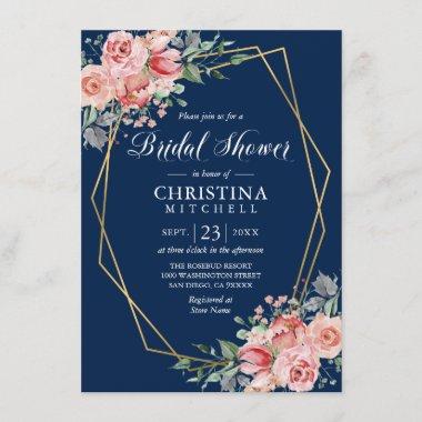 Watercolor Floral Pink Navy Blue Bridal Shower Invitations