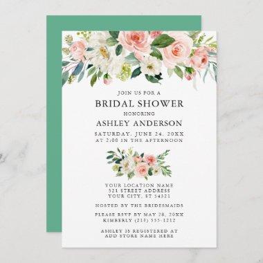 Watercolor Floral Pink Neo Mint Bridal Shower Invitations