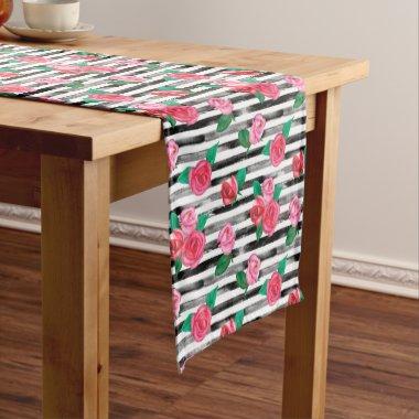 Watercolor Floral Pink Roses Black & White Stripes Short Table Runner