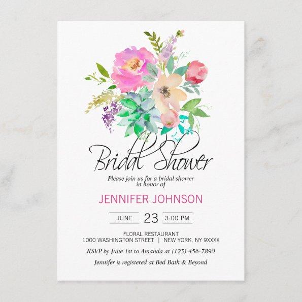 Watercolor Floral Pink Succulents Bridal Shower Invitations