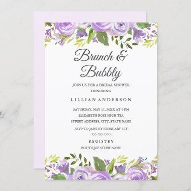 Watercolor Floral Purple Bridal Brunch And Bubbly Invitations