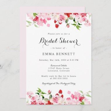 Watercolor Floral Red Pink Bridal Shower Invitations