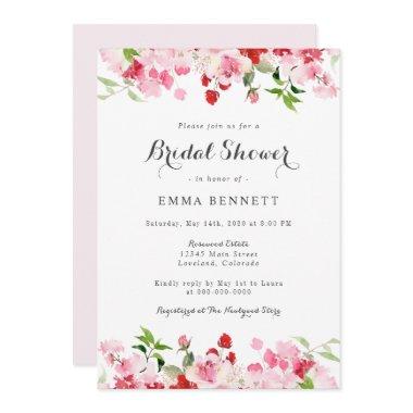 Watercolor Floral Red Pink Bridal Shower Invitations