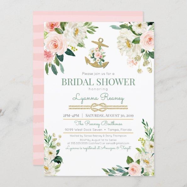Watercolor Floral Roses Nautical Bridal Shower Invitations