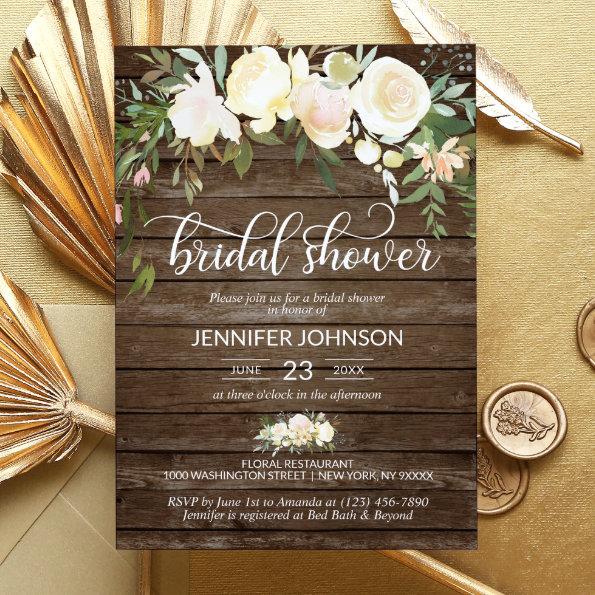 Watercolor Floral Rustic Pink Ivory Bridal Shower Invitations
