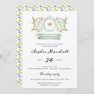 Watercolor Floral Teapot Bridal Shower Invitations