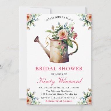 Watercolor Floral Watering Can Bridal Shower Invitations