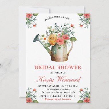Watercolor Floral Watering Can Bridal Shower Invitations