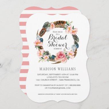 Watercolor Floral with Feathers | Bridal Shower Invitations