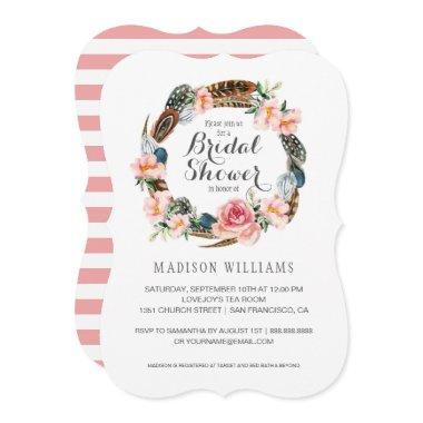 Watercolor Floral with Feathers | Bridal Shower Invitations