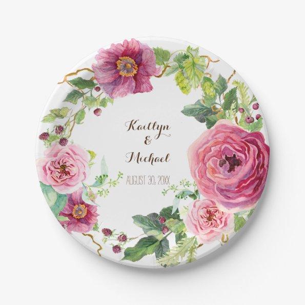 Watercolor Floral Wreath Peony Rose Bridal Shower Paper Plates