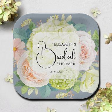 Watercolor Florals Dusty Blue Bridal Shower Paper Plates