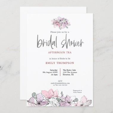 Watercolor Florals Pink Script Bridal Shower Tea Invitations