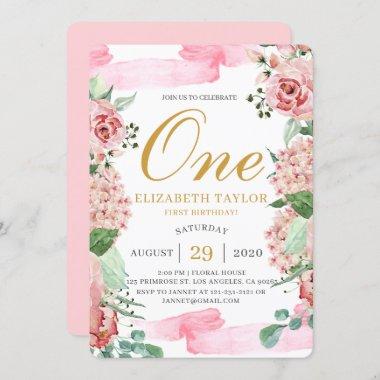 Watercolor Flower Blush Pink Gold Floral Birthday Invitations