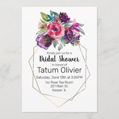 Watercolor Flower Bouquet Geometric Gold Frame Invitations