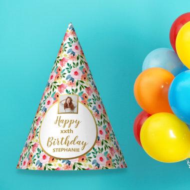 Watercolor Flower Custom Photo Text Happy Birthday Party Hat